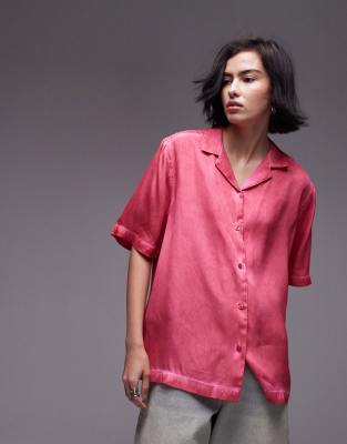 Topshop Short Sleeve Satin Shirt In Pink - Part Of A Set