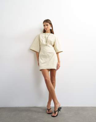 Topshop Short Sleeve Slash Neck Structured Mini Dress In Multi