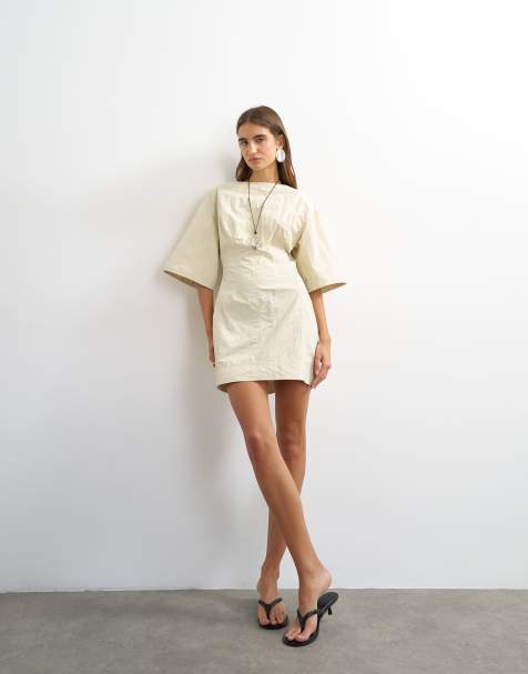 Topshop short sleeve slash neck structured mini dress in off white - view 1