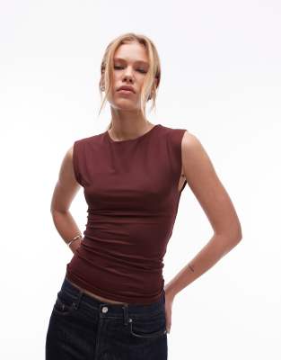 Topshop Short Sleeve Slinky Top In Brown