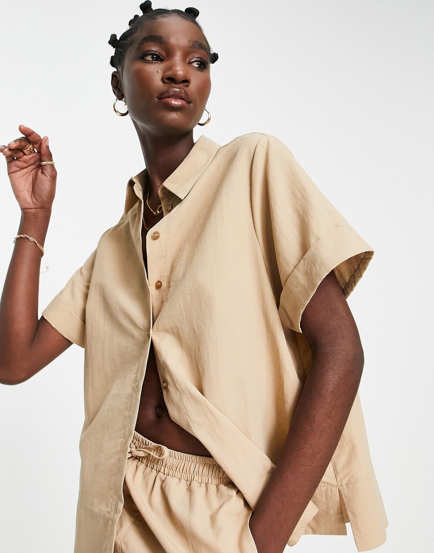 Topshop Short Sleeve Tech Boxy Shirt In Stone - Part Of A Set-neutral