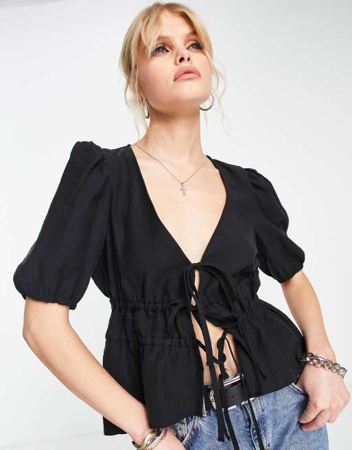 Topshop short sleeve tie front top in black | ASOS