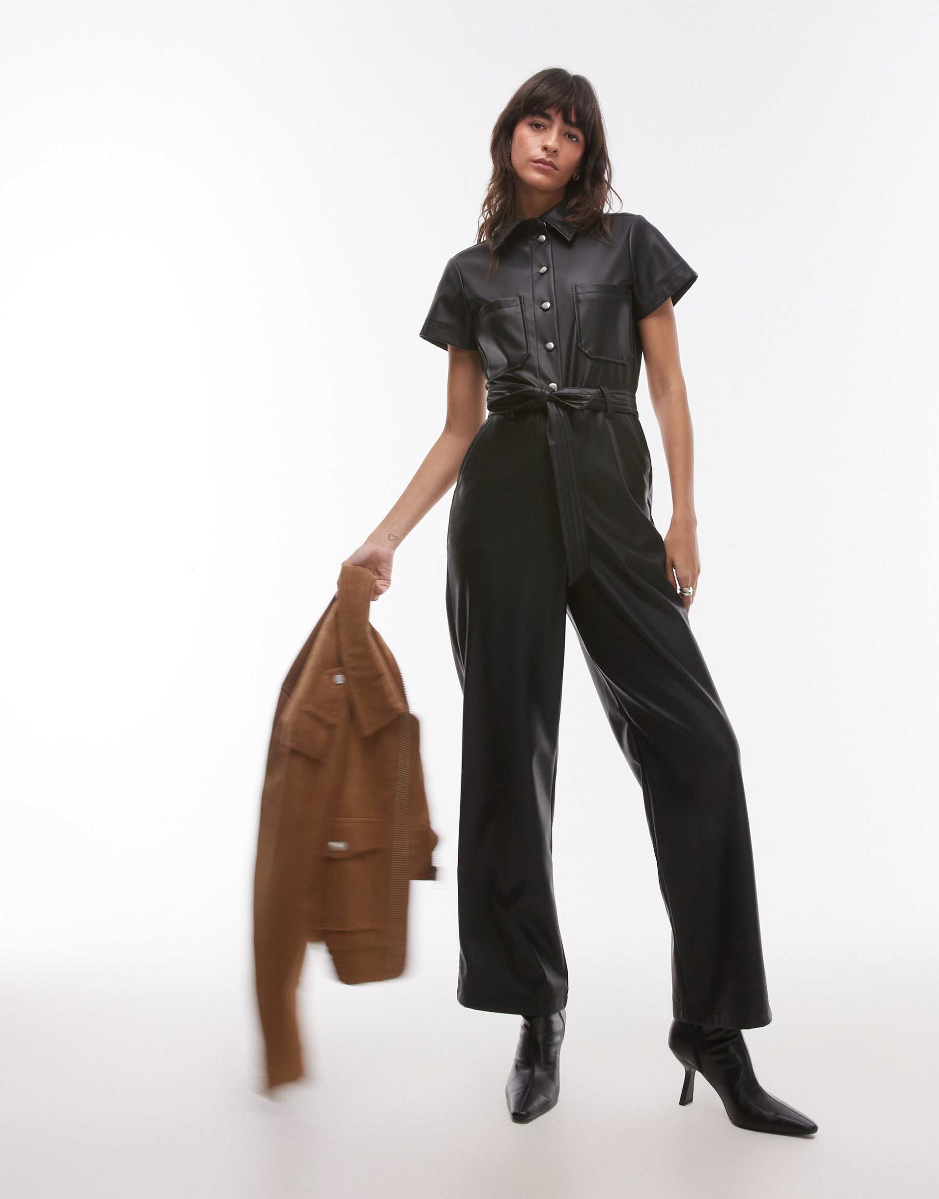 topshop short sleeve utility faux leather jumpsuit in black
