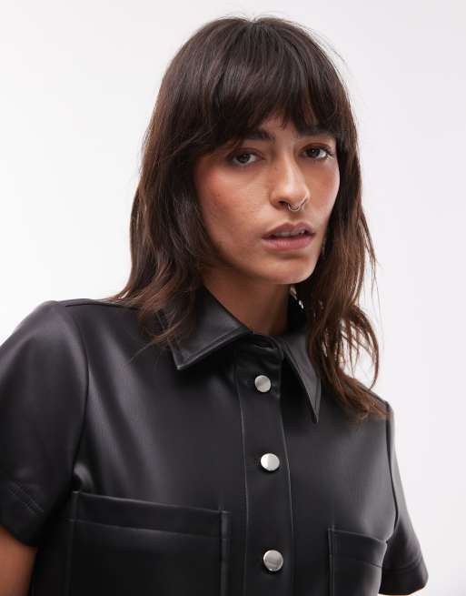 Topshop short sleeve utility faux leather jumpsuit in black, 2 of 4