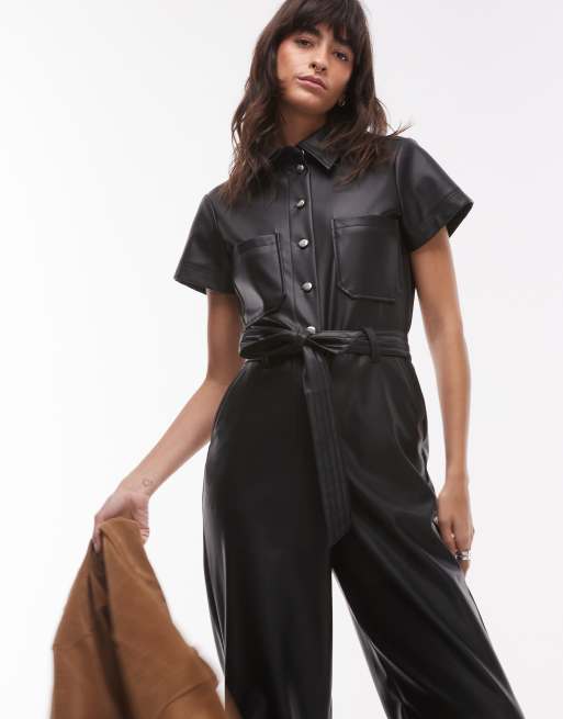Topshop short sleeve utility faux leather jumpsuit in black ASOS