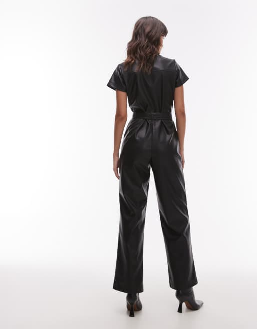 Topshop short sleeve utility faux leather jumpsuit in black ASOS