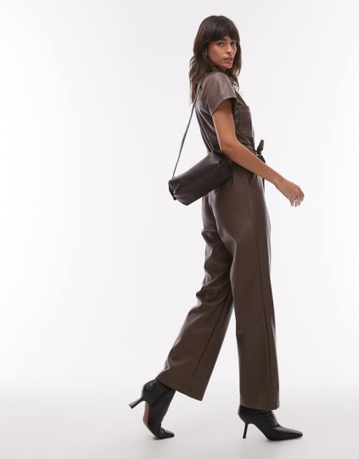 Topshop short sleeve utility faux leather jumpsuit in brown ASOS