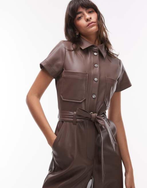 Topshop short sleeve utility faux leather jumpsuit in brown ASOS