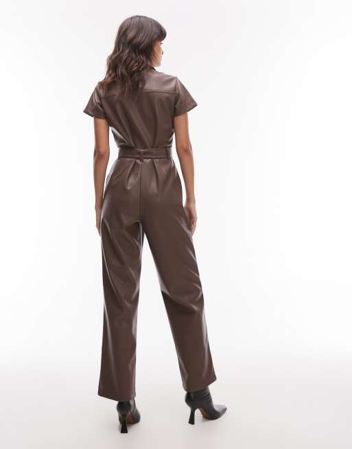 Topshop short sleeve utility faux leather jumpsuit in brown, 4 of 4