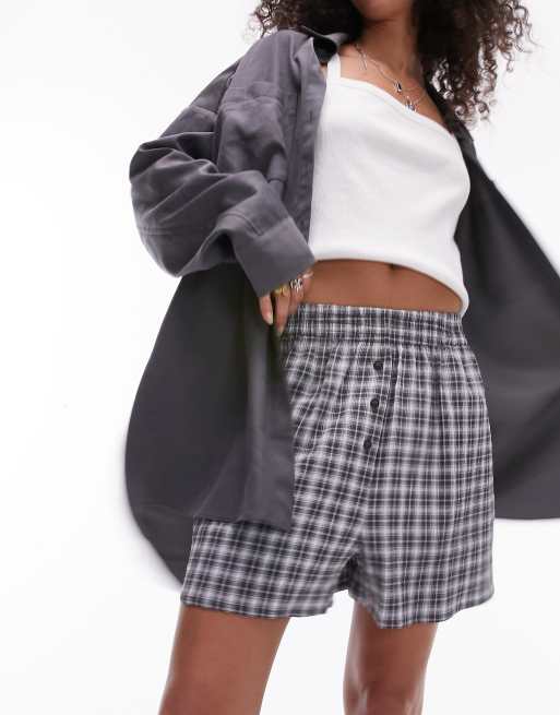 Topshop - Short style caleçon à carreaux en crêpe de coton - Bleu