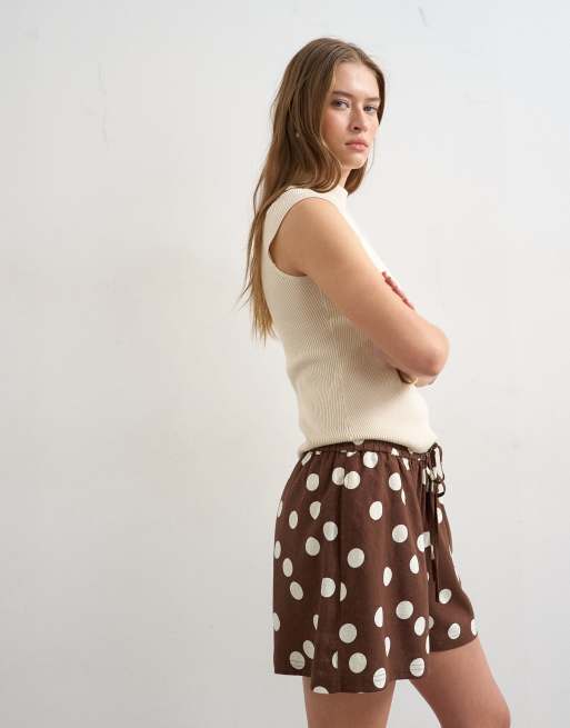 Topshop - Short van linnenmix met A-lijn en stippen in bruin, 4 van 5