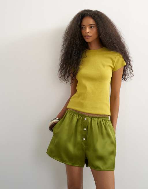 Topshop shorts in raso con bottoni, verde, 4 di 5