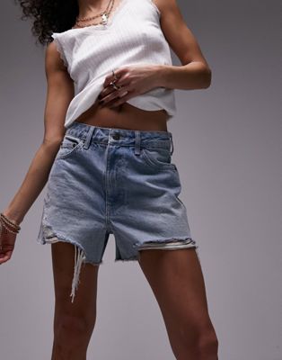 Topshop denim a-line Mom Shorts with rip in vintage blue  - ASOS Price Checker