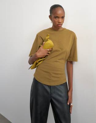Topshop shoulder pad short sleeve t-shirt in khaki | ASOS