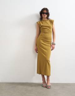 Shoulder pad sleeveless maxi dress in olive