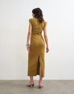 Model wearing Shoulder pad sleeveless maxi dress in olive