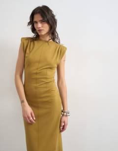 Model wearing Shoulder pad sleeveless maxi dress in olive