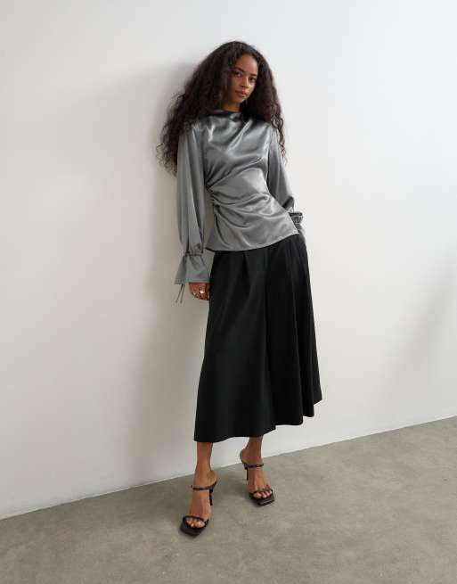 Topshop shoulder pad tie drawstring cuff funnel neck top in grey, 2 of 4