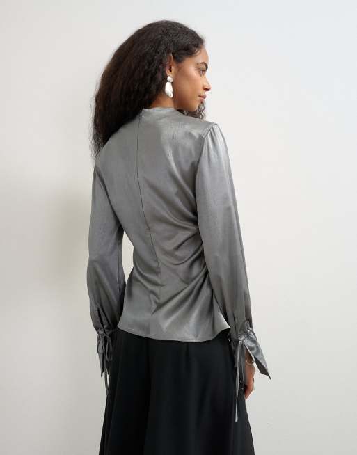 Topshop shoulder pad tie drawstring cuff funnel neck top in grey, 3 of 4