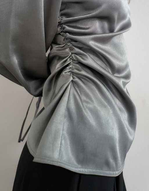 Topshop shoulder pad tie drawstring cuff funnel neck top in grey, 4 of 4
