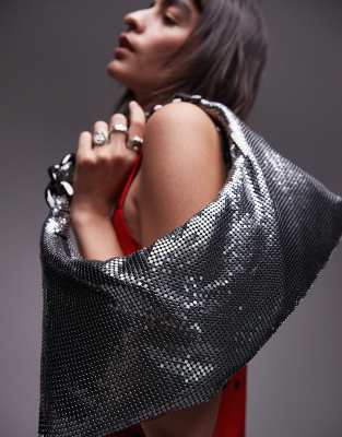 Topshop Sia chainmail shoulder bag with plaited chain handle in gunmetal-Grey