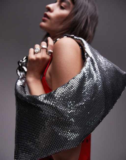 Topshop – Sia – Metallgrå axelväska med flätat kedjehandtag i ringbrynjedesign