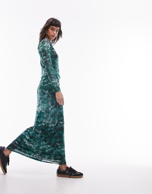 Topshop – Siateczkowa sukienka maxi z długimi rękawami w kwiatowy wzór z efektem ombre