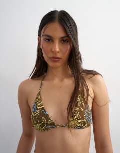Model wearing Sicily triangle bikini top in chocolate print