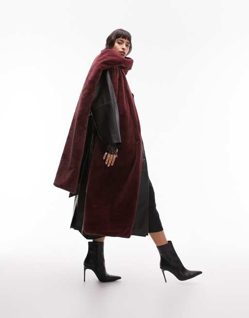 Topshop Sid wide fur scarf in burgundy, 2 of 4
