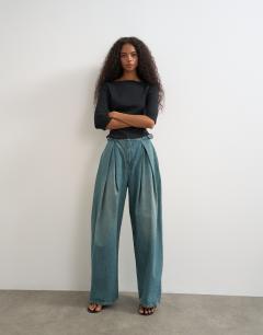 Side buckle wide leg jean in green cast