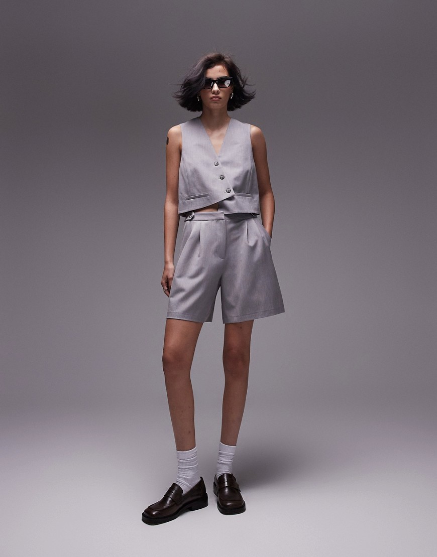 Topshop Side Tab Knee Shorts In Gray - Part Of A Set