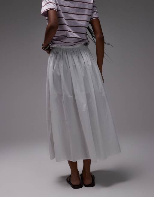 Topshop side zip crinkle cotton laundered full skirt in ivory, 4 of 5