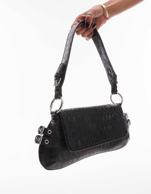 Mini Messenger Bag Fashionable Black Buckle Decor Flap PU