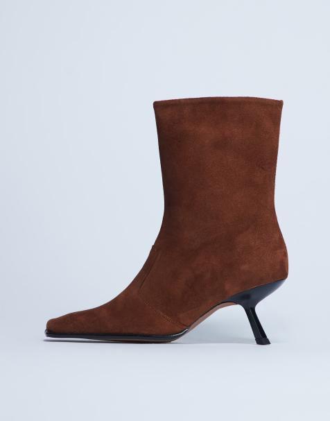 Topshop Sienna Premium leather square toe mid heel boot in tan - view 1
