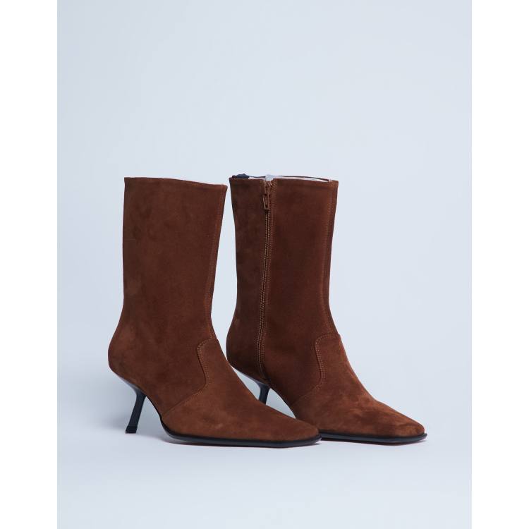 Topshop Sienna Premium suede leather square toe mid heel boot in