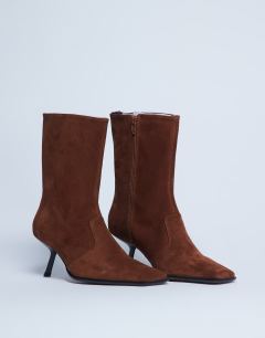 Sienna Premium suede leather square toe mid heel boot in tan