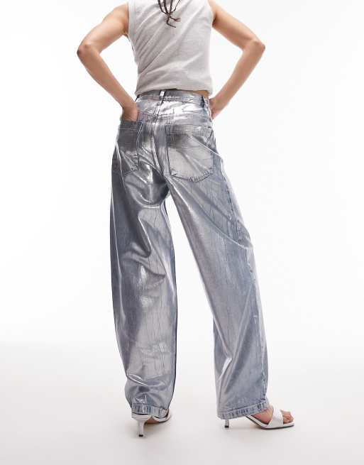 Topshop silver foil baggy jeans in bleach