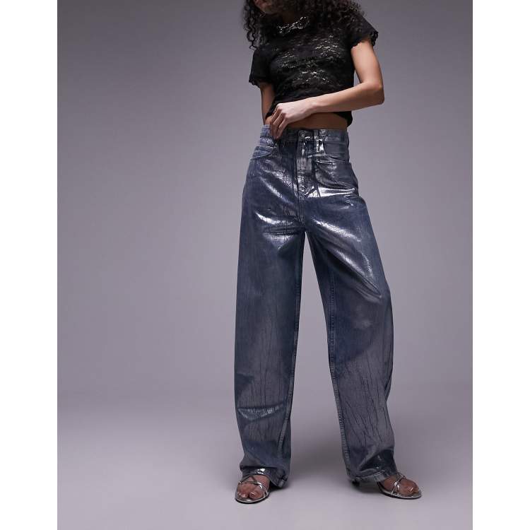 Topshop silver foil baggy jeans in mid blue