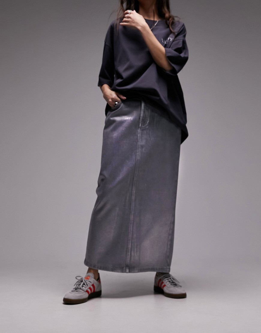 Topshop silver foil denim midi skirt in grey