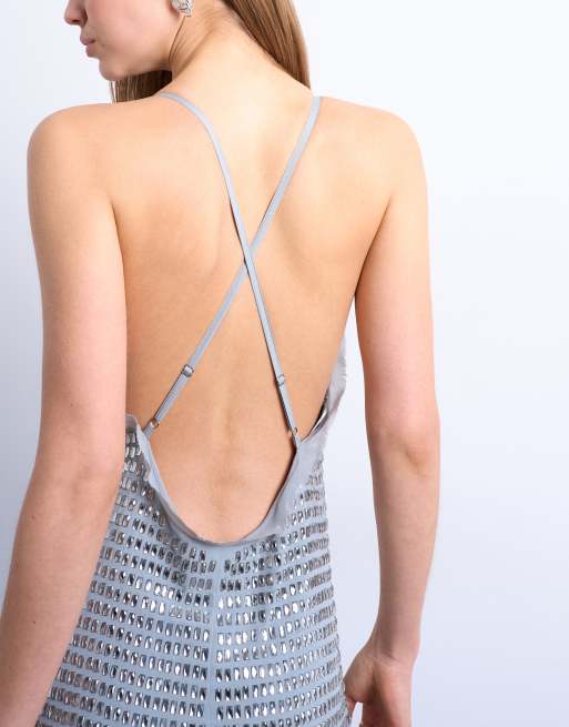 Topshop – Silverfärgad maxiklänning med djup v-ringning och hotfix, 3 av 4