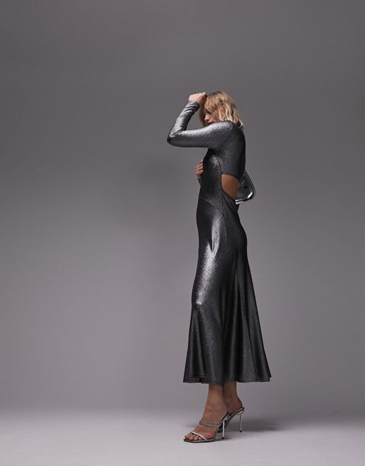 Topshop – Silverfärgad, metallisk maxiklänning med utskurna detaljer och bar rygg