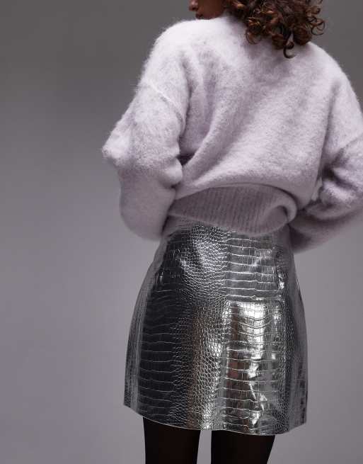 Topshop – Silverfärgad, ormskinnsmönstrad pelmet-kjol i läderimitation, 4 av 5