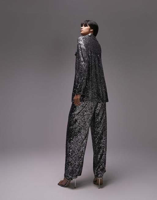 Topshop – Silverfärgade byxor med minipaljetter i slouchy passform, del av set , 3 av 4