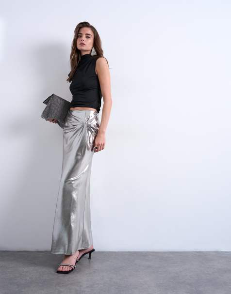 Topshop – Silvermetallisk midikjol med knut - view 1