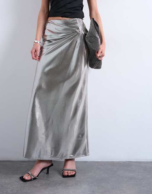 Topshop – Silvermetallisk midikjol med knut, 4 av 5