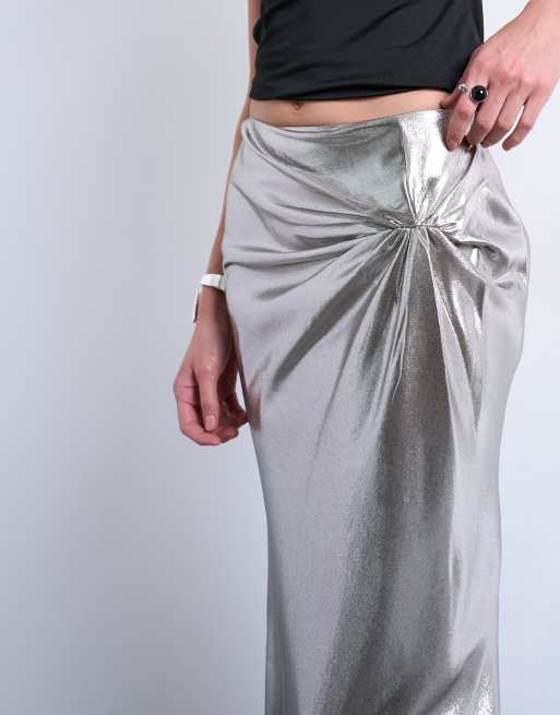 Topshop – Silvermetallisk midikjol med knut, 5 av 5