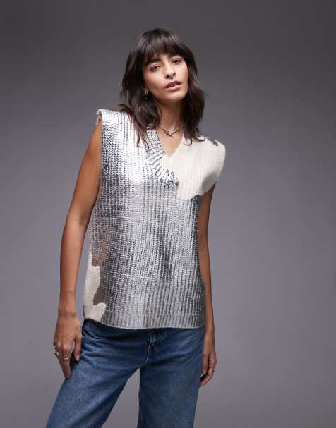 Topshop – Silvermetalliskt, flätstickat linne med avslappnad passform - view 1