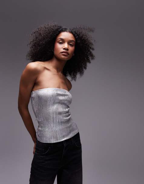 Topshop – Silvrig, folierad topp i bandeaustil - view 1