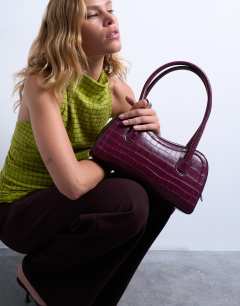 Simba structured shoulder bag in burgundy croc