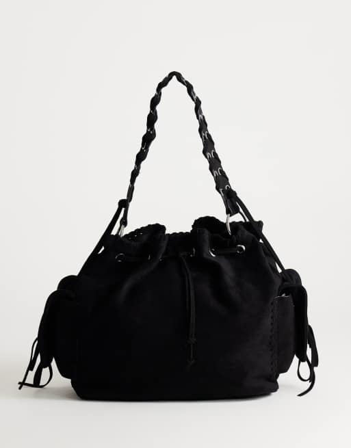 Topshop Simone borsa a secchiello a spalla con dettaglio tasca in nero